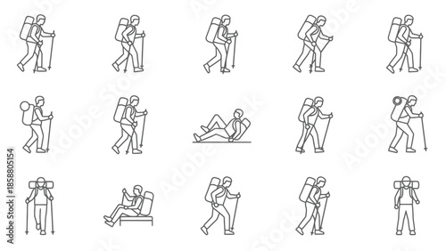 Line art illustrations depicting hikers and camping activities in various poses