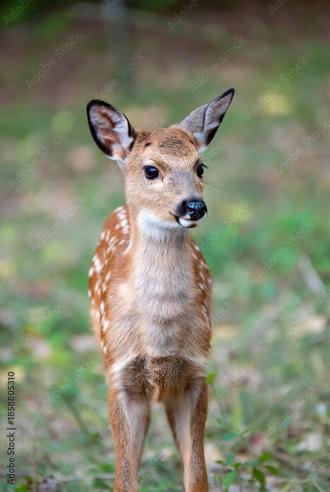 Fototapeta premium Curious spotted fawn standing outdoors in a soft focus natural forest setting