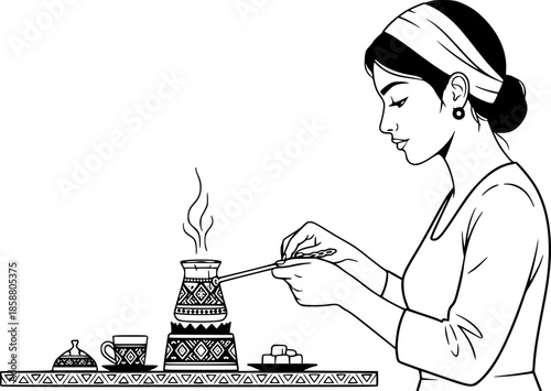 Woman crafting traditional Turkish coffee in ornate copper cezve illustration