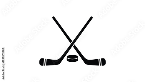 A simple black and white illustration depicts crossed hockey sticks and a puck