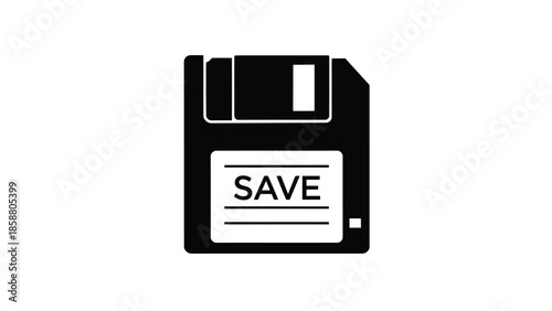 Black and white illustration of a vintage floppy disk with the word save