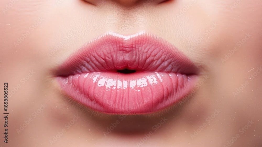 Fototapeta premium Close-up of plump, glossy, pink lips pursed for a kiss