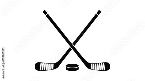A simple black and white illustration of two hockey sticks and a puck