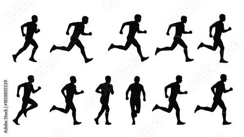 Silhouettes of running people in various poses showing dynamic movement