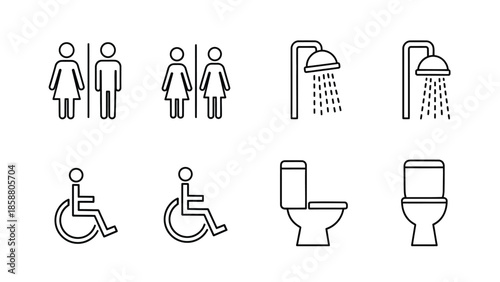 Simple black and white line icons depicting restroom facilities and accessibility