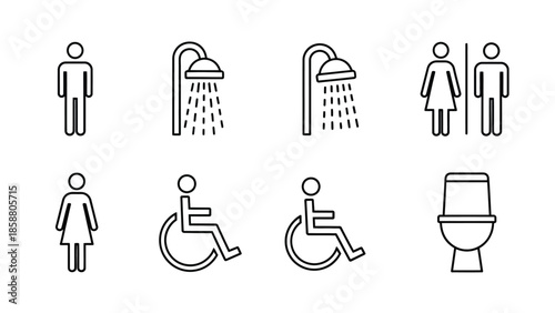 Public restroom and accessibility signage depicting various facilities and individuals
