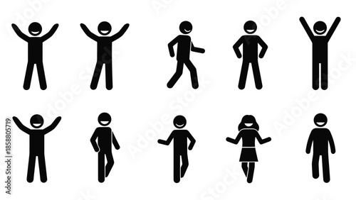Stick figure people in various poses and activities shown in black and white