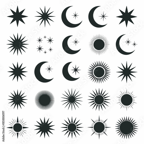 Collection of celestial symbols including stars, crescent moons, and sun designs in black and white