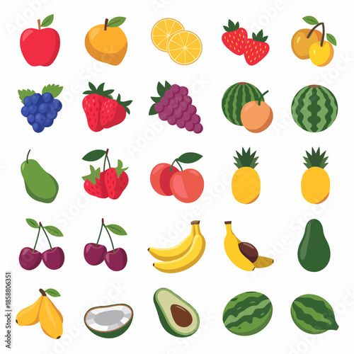 Colorful assortment of various fruits including apples, bananas, strawberries, and watermelons