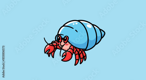 Cute cartoon hermit crab with blue shell and red claws.