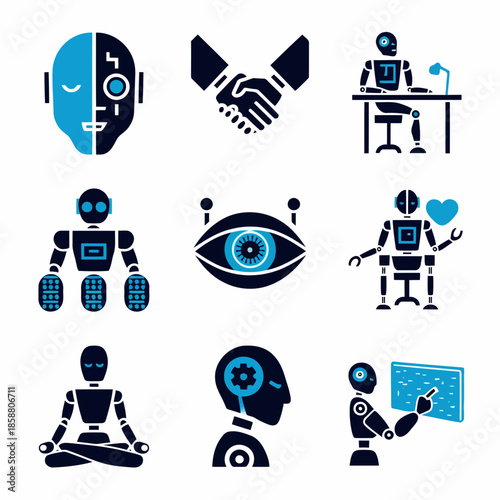 Set of nine icons representing robots, artificial intelligence, and humanrobot interaction concepts