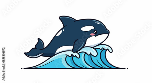 Cute cartoon killer whale jumping over a wave.