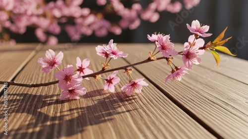 Delicate pink blossoms rest on a sun-drenched wooden table surface