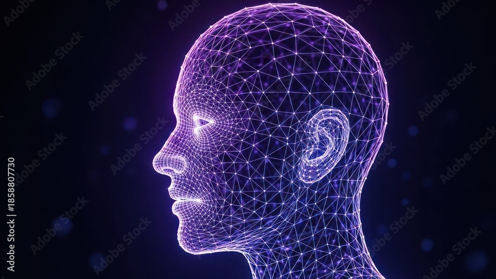 Obraz premium Digital, geometric human head silhouette glows with purple light on dark background