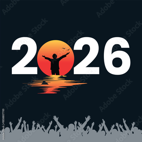 Happy new year 2026 with man and sunset silhouette in black background