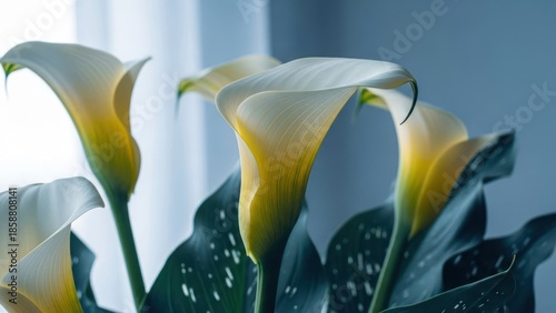 Elegant white and yellow calla lilies with dark green leaves