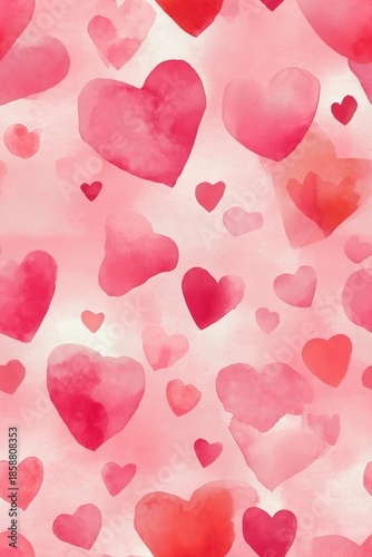 Seamless watercolor heart pattern for Valentine's Day love. Watercolor hearts creating a seamless pattern in shades of pink and red on a white background