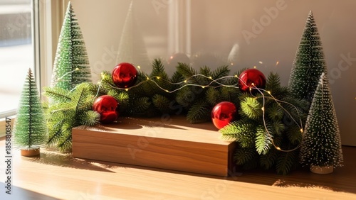 Festive evergreen display with sparkling red ornaments and delicate lights