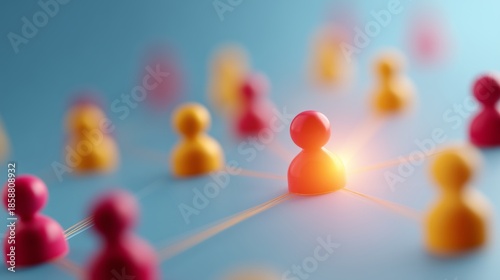 Colorful red and yellow game-piece figures connect by thin lines on a blue surface with a glowing central node. Conceptual network visualization for communication, social structure and organizational 