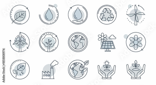 Set of Eco-Friendly Icons Representing Environmental Conservation and Sustainable Energy.