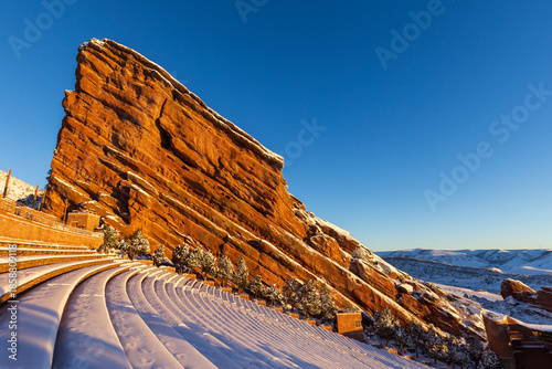 Winter morning sun glowing on Red rocks amphitheater Denver, Colorado 