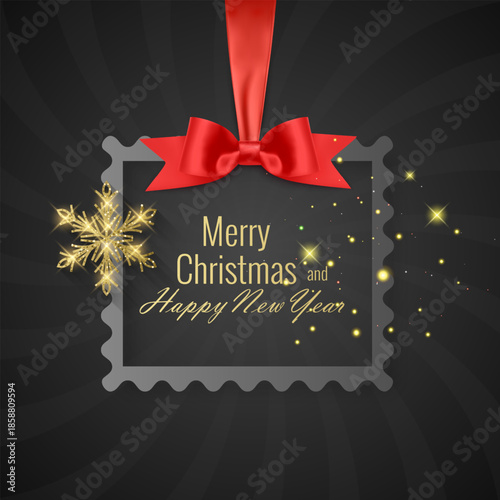 Merry Christmas and Happy New Year greeting card with a border is suspended by a realistic red satin ribbon with a voluminous bow. The background features a dark grey sunburst pattern