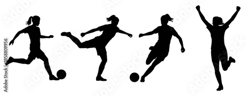 Vector Woman Soccer Team Set. Silhouettes of Players in Various Actions