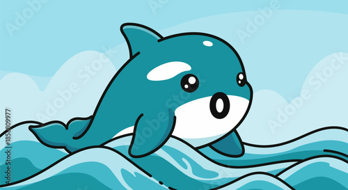 Cute cartoon killer whale swimming in blue ocean waves.