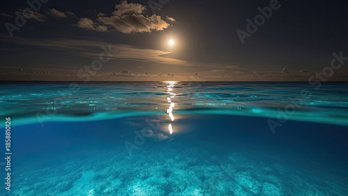 Moonlight reflection on calm ocean surface at night