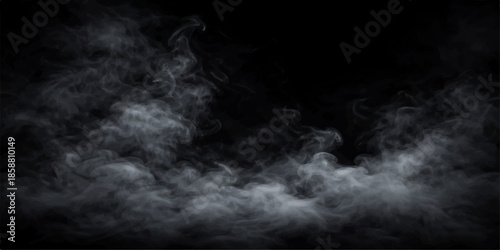 Abstract motion of white smoke and dark steam clouds swirling against a black background with ethereal light and air