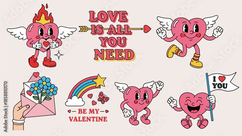 Groovy Valentine's Day Heart Characters with Romantic Sayings