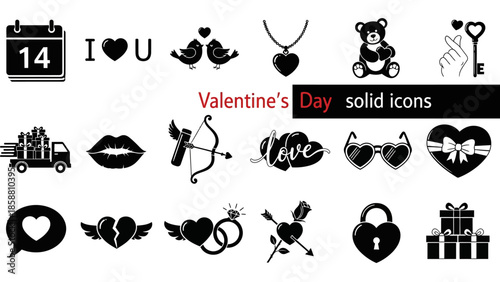 A curated collection of solid black vector icons depicting various themes of love, romance, and Valentine's Day, perfect for digital designs