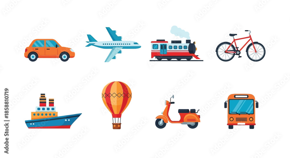 Fototapeta premium Various modes of transportation are displayed in a colorful flat design