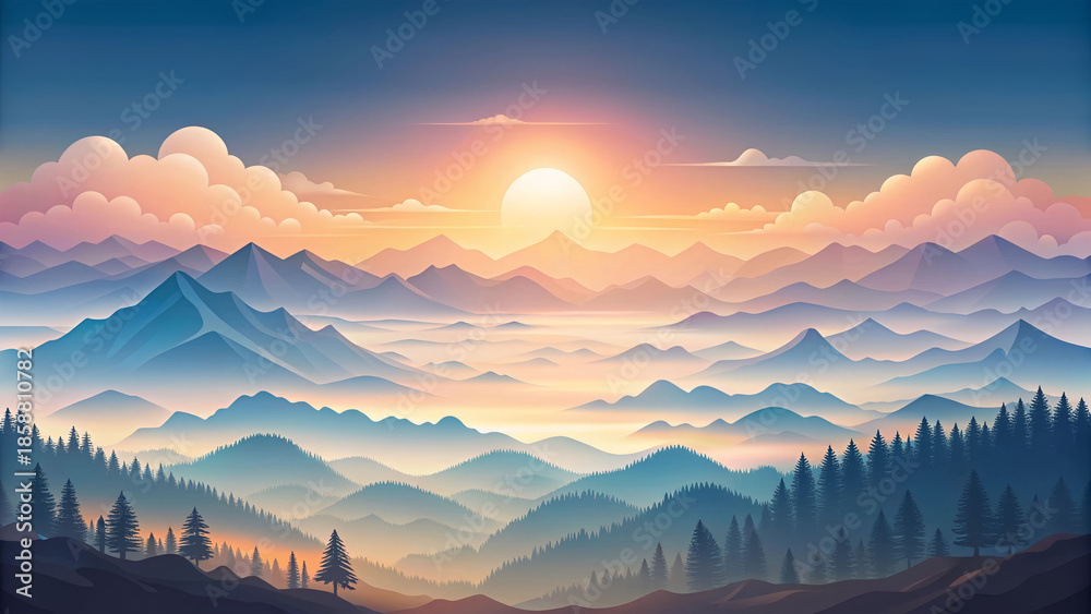 Fototapeta premium Dreamy Pastel Sunrise Over Layered Mountains illustration Landscape Background.