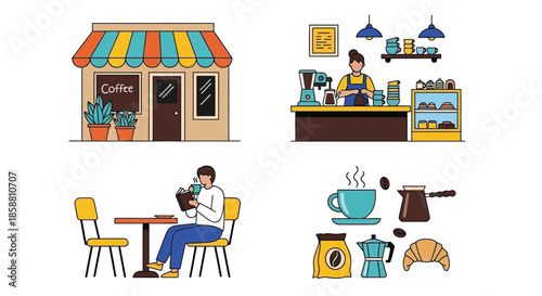A charming coffee shop illustration with barista customers and cafe elements