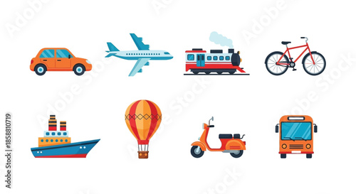 Various modes of transportation are displayed in a colorful flat design