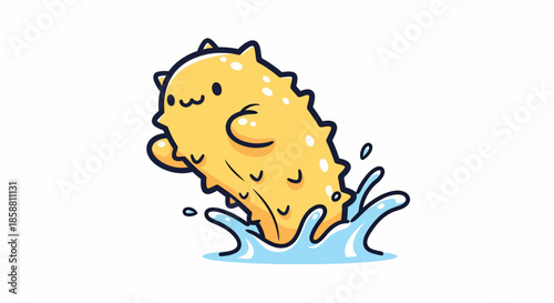 Cute yellow sea cucumber jumping out of water.