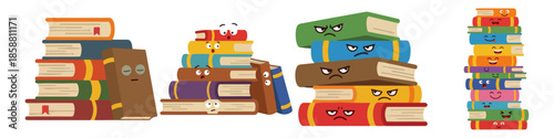Stack of books with faces Flat Vector Illustration on Transparent Background