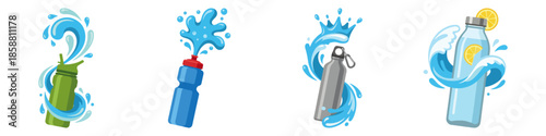 Water bottle with cartoon splash Flat Vector Illustration on Transparent Background