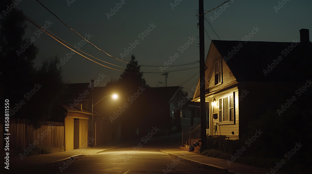 Fototapeta premium A quiet suburban street at twilight, illuminated by a soft glow from a streetlamp and a warm light spilling from the windows of a cozy house. A sense of serenity permeates the night air.