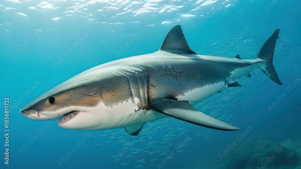 Fototapeta premium Majestic predatory shark cruises through sunlit ocean depths near coral reef