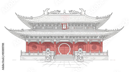 Detailed Chinese Temple Illustration with Red Accents and Dragon Embellishments.
