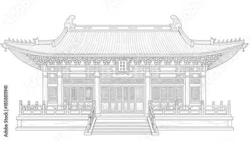 Detailed Line Art Illustration of Traditional Asian Temple Architecture