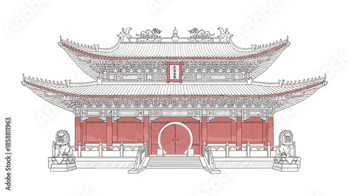 Detailed Illustration of a Traditional Chinese Temple with Red Accents