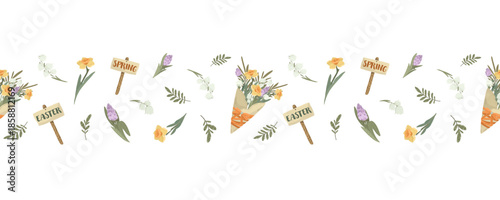 Spring flower bouquet and holiday sign seamless border. Vector hand drawn botanical illustration with tulip and daffodil for easter decoration and scrapbooking