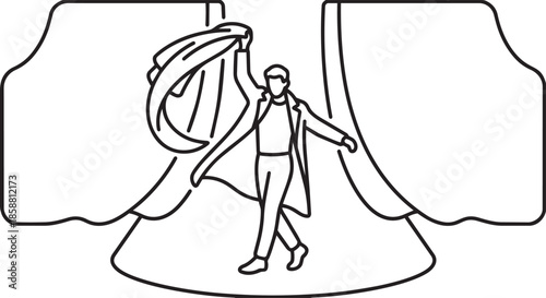 Man on stage pulling back curtain performing dramatic theatrical moment line art illustration