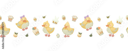 Cute duckling seamless border with easter cake and eggs. Vector hand drawn spring illustration with birds and holiday food for festive textile or paper print