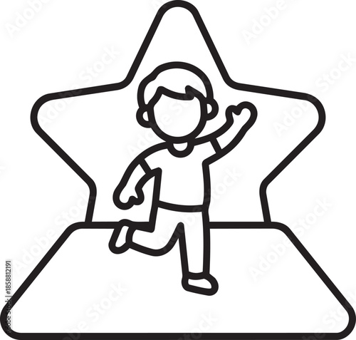 Boy waving while running across star shaped platform for recognition or talent show