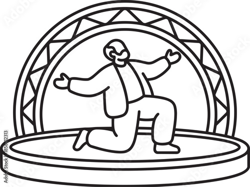 Man kneeling on circular stage with outstretched arms under arch backdrop