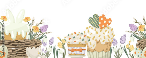Festive easter cakes with hearts and nests seamless border. Vector hand drawn illustration with spring flowers and decorated eggs for holiday bakery or greeting cards.